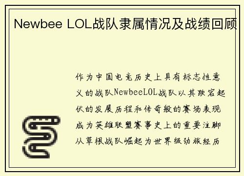 Newbee LOL战队隶属情况及战绩回顾