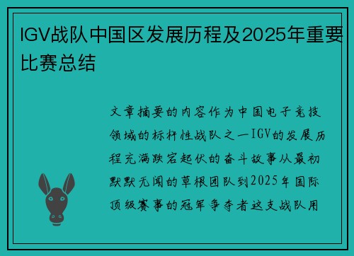 IGV战队中国区发展历程及2025年重要比赛总结