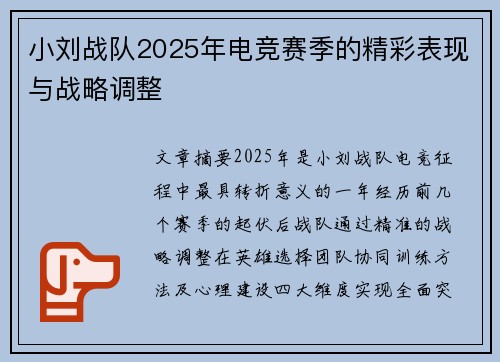 小刘战队2025年电竞赛季的精彩表现与战略调整